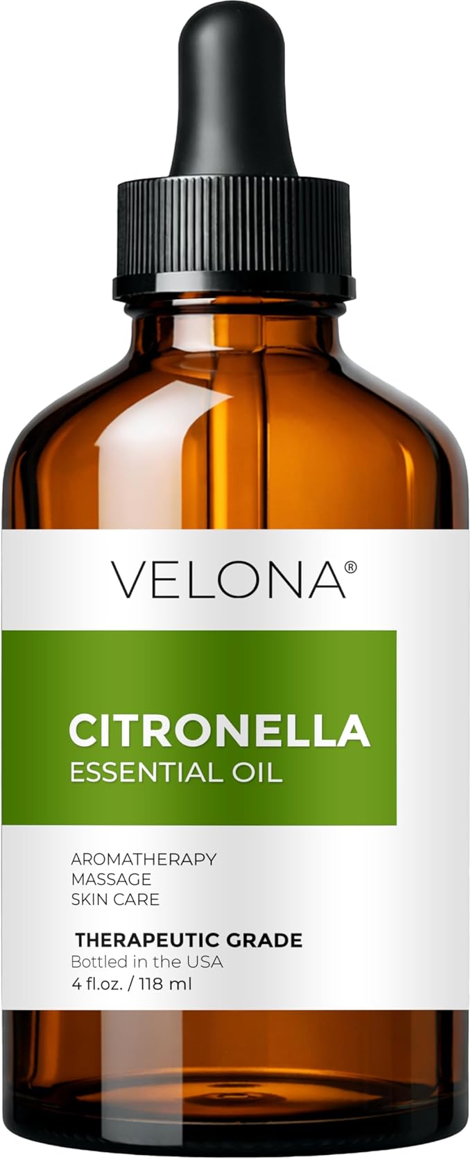 Citronella Essential Oil by Velona - 4 Fl Oz | Therapeutic Grade 100% Pure and Natural | for Aromatherapy Diffuser, Massage, Skincare, Haircare, Soapmaking | Undiluted and Multipurpose in Glass Bottle