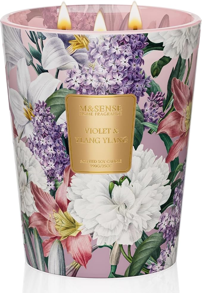 M&SENSE Violet Ylang Ylang Soy Large Candle, 35oz Non Toxic 3 Wick 150H, Floral Calming Sleep Aromatherapy, Self Care Gift