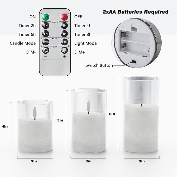 VIODAIM Ice Crystal Real Wax Glass Flameless Candles with Remote & Timer, Battery Operated Candles with Warm Flickering Flame, Realistic LED Candle for Wedding Home Decor [D3×H4/5"/6"] Clear, 3Pack