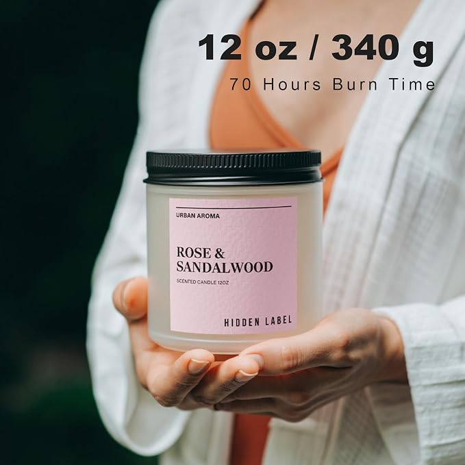 Hidden Label Rose Sandalwood Soy Candle, 12oz 2-Wick, 70H Floral Warmth | Non-Toxic Natural Wax, Paraben & Phthalate-Free, Clean Burn | Elegant Decor & Gift-Ready | Stress Relief & Grounding Calm