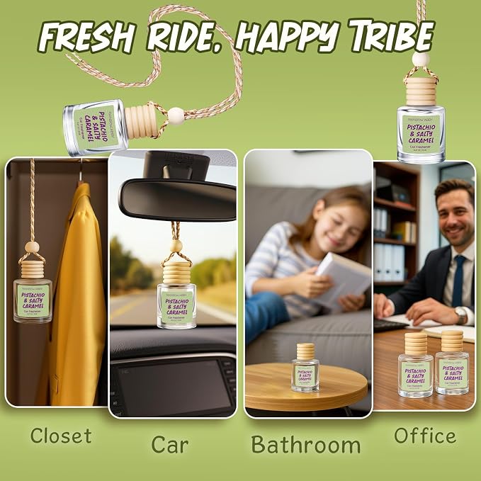 RAINBOW ABBY Hanging Car Air Freshener Diffuser 2 Pack - Pistachio & Salty Caramel Fragrance Oil, 45+ Days Long Lasting, Essential Oil Diffuser for Car