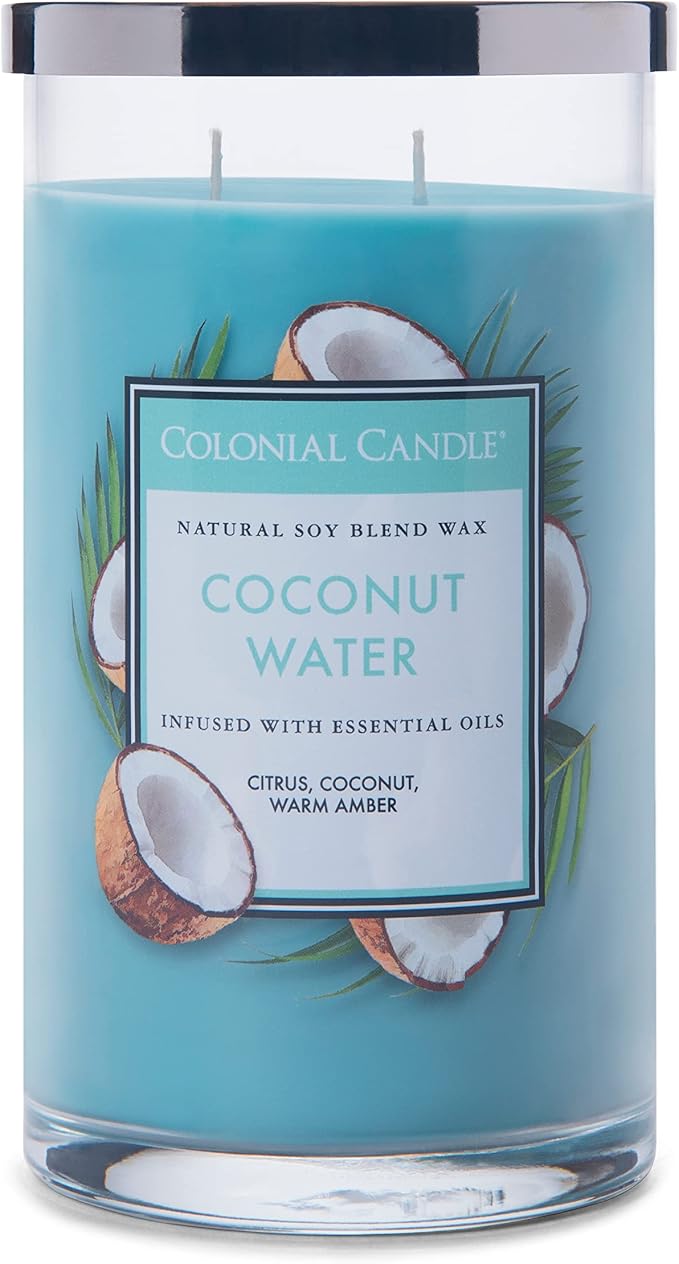 Colonial Candle Coconut Water Scented Jar Candle, Classic Cylinders Collection, 2 Wick, Blue, 19 oz - Up to 120 Hours Burn