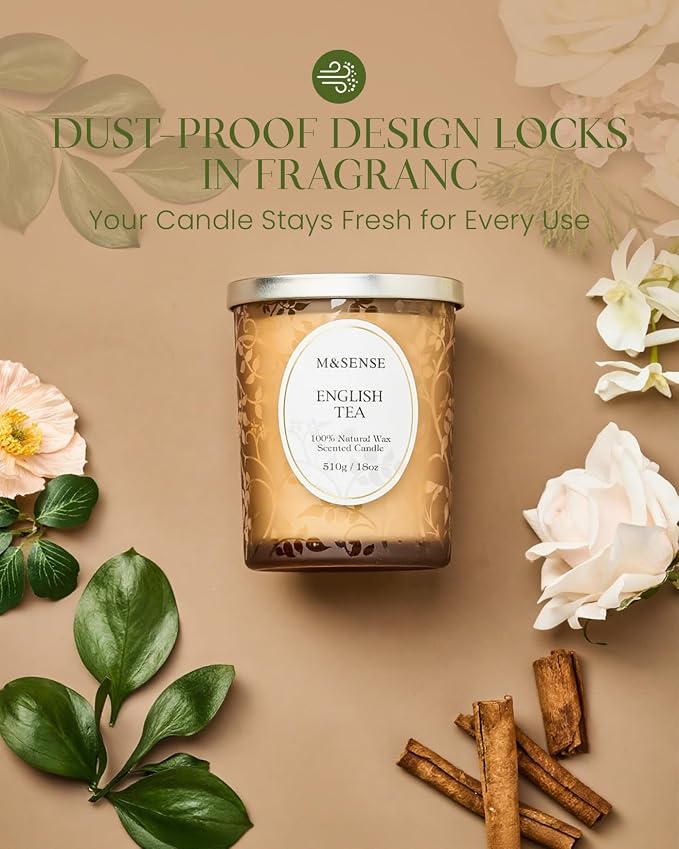M&SENSE English Tea Soy Candle, Cracking Wooden Wick 18oz | 100 Hours Long Lasting, Clean Burn, Summer Aromatherapy, Non-Toxic, Relaxing Gifts For Women