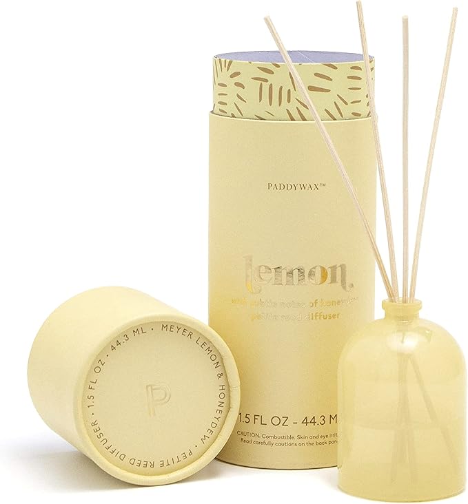 Paddywax Petite Reed Diffuser Set with Wooden Reeds, 720 Hour Long Lasting Home Fragrance Oil Diffuser, Decorative Milky Glass Bottle, Meyer Lemon Scent, Yellow, 1.5 oz