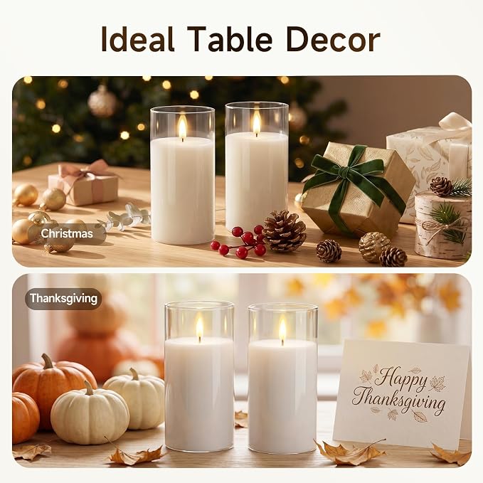 Homemory Clear Glass Flameless Candles Battery Operated LED Pillar Candles with Remote and Timer, Real Wax Flickering Candles with 3D Wick, Decorative Glass Candles Home Wedding Holiday Decor, 2 Pack