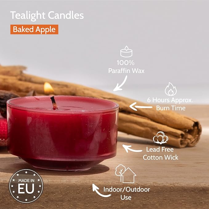 HYOOLA Scented Tealight Candles - Clear Cup - Baked Apple Tealight Candles Scented - 6 Hour Burn Time - 15 Pack - European Made