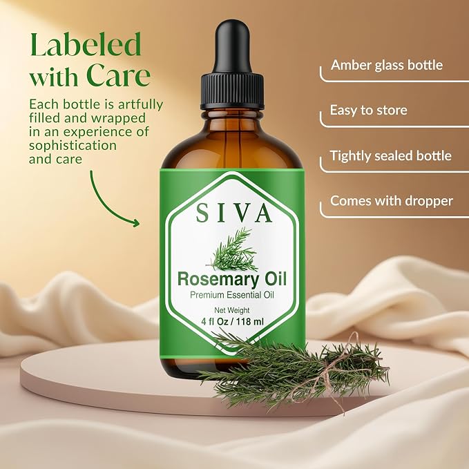 Siva Rosemary Essential Oil 4 Fl Oz – for Diffuser, Skin & Hair Care – Ideal for Aromatherapy, Massage & DIY Blends- with Dropper
