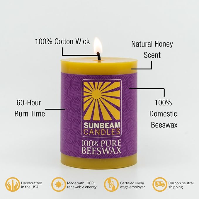 Sunbeam Candles 100% Pure Beeswax Pillar Candles | Long Burning All Natural Non-Toxic Beeswax Candles | Made in USA (Smooth, Natural Gold, 3"x4")