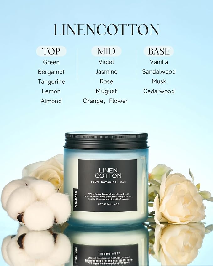 M&SENSE Fresh & Linen Cotton Scented Candles, 11.6oz Natural Soy Wax, 70-Hour Slow Burning, Clean Non Toxic Candle for Laundry, Aromatherapy Home Fragrance Gifts for Relxation Strees Relief