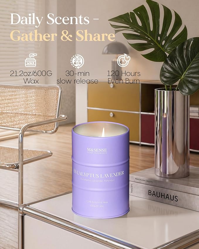M&SENSE Eucalyptus Lavender Scented Candles Large, Natural Soy Candles 21.2oz 120 Hour Slow Burning,Aromatherapy Candle for Stress Relief Meditation Relaxing