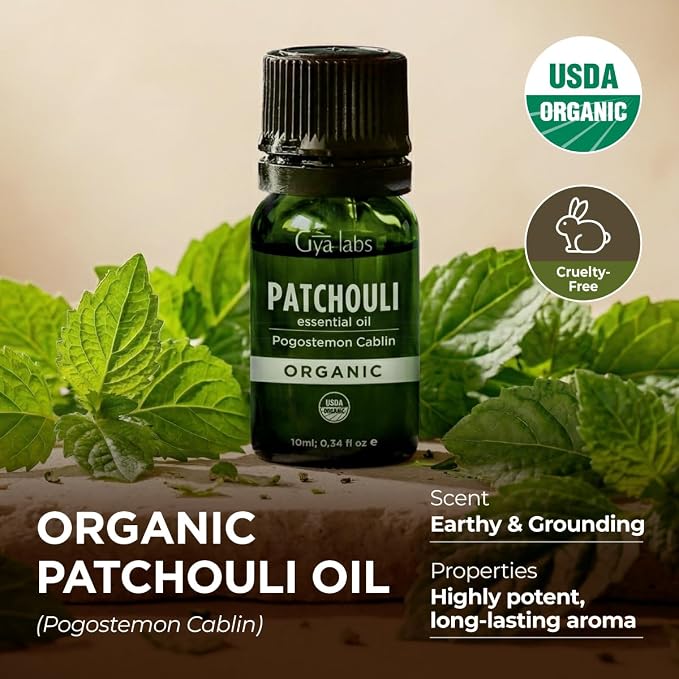 Gya Labs USDA Certified Organic Patchouli Essential Oil for Skin, Hair, Diffuser, Aromatherapy, DIY Candle Making Scents - 0.34 Fl Oz