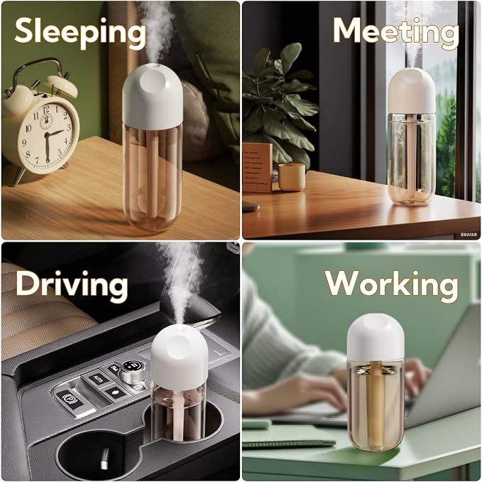 Portable Small Humidifier Dual Nozzle - Large Cool Mist Humidifiers Double Spray Ports, Water Shortage Protection, Ultra-Quiet, Mini Humidifier for Bedroom Plants Office Car Travel (P05)