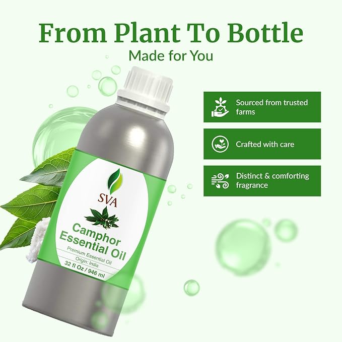 SVA Camphor Essential Oil – 32 Fl Oz – 100% Natural Camphor Oil - for Diffuser, Hair Care, Face, Skin Care, Aromatherapy, Scalp and Body Massage, Soap and Candle Making