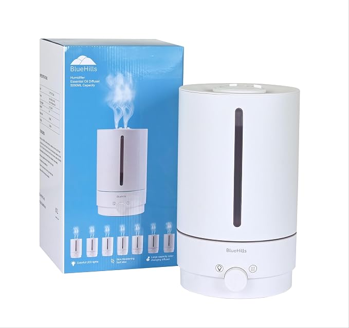 BlueHills Premium 5000 ML XL Cool and Warm Mist Ultrasonic Diffuser Humidifier Large Room Huge Coverage Area 5 Liter Big Capacity High Output 50 Hours Long Run Time Essential Oil Diffuser White W501