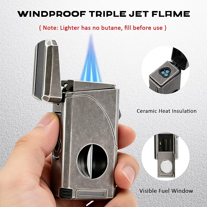 6-in-1 Triple Jet Butane Torch Lighter Built-in V & Straight Cutter, Punch, Holder, Draw Enhancer, Refillable Lighters and Windproof Gas Lighter for Candles, Cool Lighter for Men (No Gas)