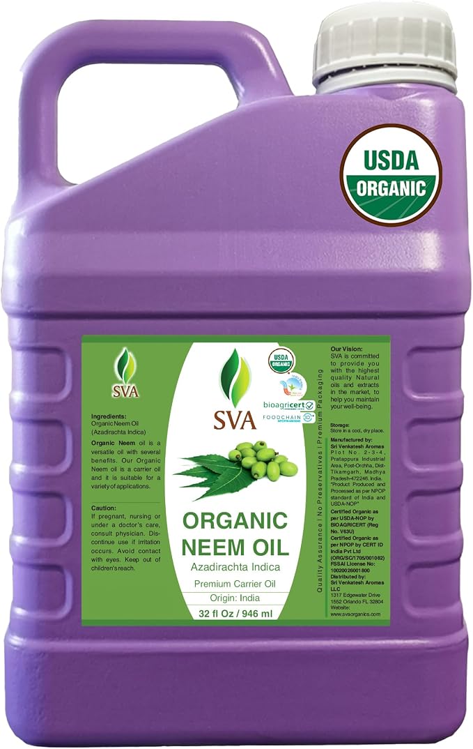 SVA Neem Seed Oil Organic - 32 Fl Oz – 100% Natural Cold Pressed Organic Neem Oil - for Face, Skin Care, Hair Care, Scalp Massage & Body Massage – Carrier Oil with Dropper