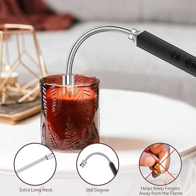 Rayonner USB Rechargeable Electric Candle Lighter Windproof Plasma Arc Lighter with Flexible Neck for Deep Jars, BBQ, Camping Flameless Fire Starter Christmas Stocking Stuffers Gift (Black&Black)