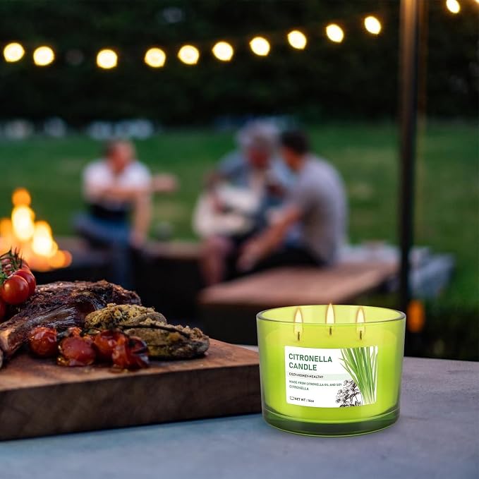 Set of 2 Green Glass Jars Citronella Oil Candles 14oz Smokeless & Outdoor Candles Perfect for Courtyards, Backyards, Camping, Picnics, and Garden.