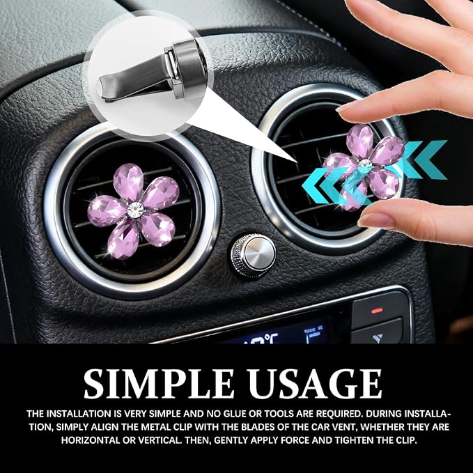 5PCS Bling Daisy Flower Car Air Vent Clips, Car Diffuser Vent Clip, Sparkling Crystal Rhinestone Cute Auto Air Conditioning Clamp, Diamond Air Outlet Clip Decor for Women Girls (Purple)