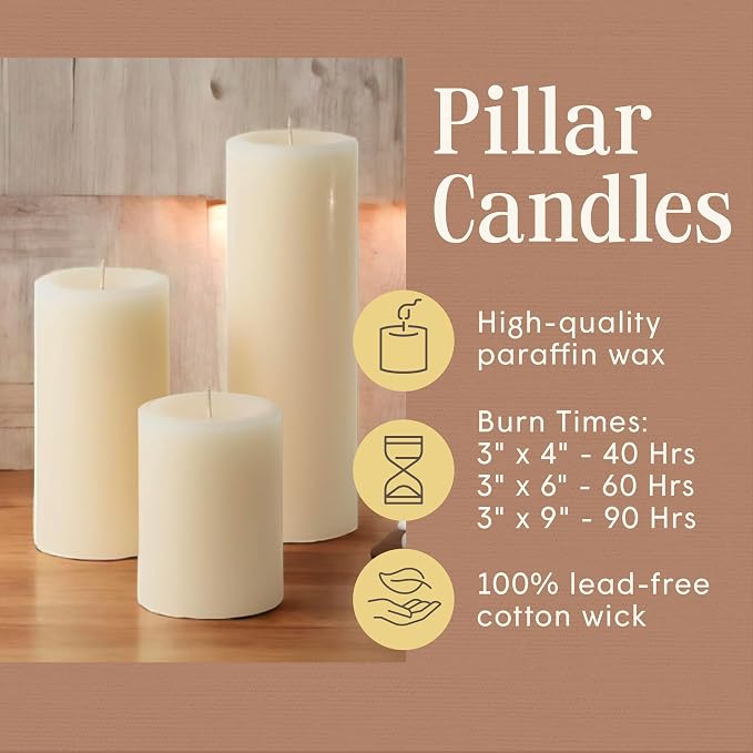Mister Candle Ivory Unscented Dripless Candles Set of 3, 3 Inch Diameter, Hand Poured, Premium Wax, Decorative Pillar Candles (3" x 4", 3" x 6", and 3" x 9", Ivory)