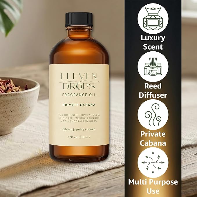 Private Cabana Fragrance Oil | Citrus, Jasmine & Ocean Notes | Long Lasting Scent Reed Diffuser Oil for Home, Office, Hotel, Spa, Car & Linen Spray | Pet Friendly IFRA Compliant, 4 oz