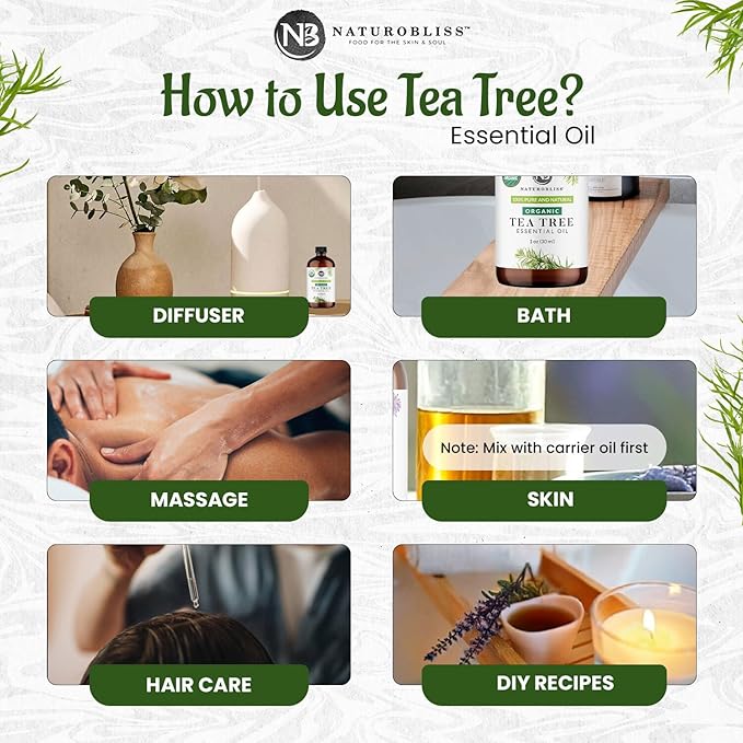 NaturoBliss Organic Tea Tree Essential Oil, 100% Pure Therapeutic Grade, Premium Quality Tea Tree Oil, 1 fl. Oz / 30 ml - Perfect for Aromatherapy and Relaxation (Tea Tree, 30ml)