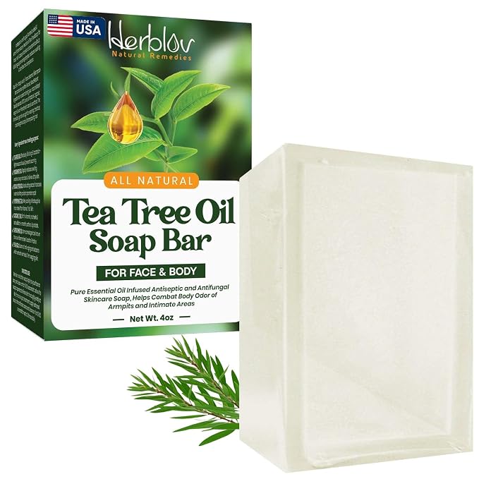 Herblov Tea Tree Oil Soap Bar for Face & Body, 4oz –All Natural Remedy Skin Cleanser – Pure Essential Oil Infused Skincare Cleansing Soap for Dirt & Acne - Tea Tree Face & Body Wash Made in USA