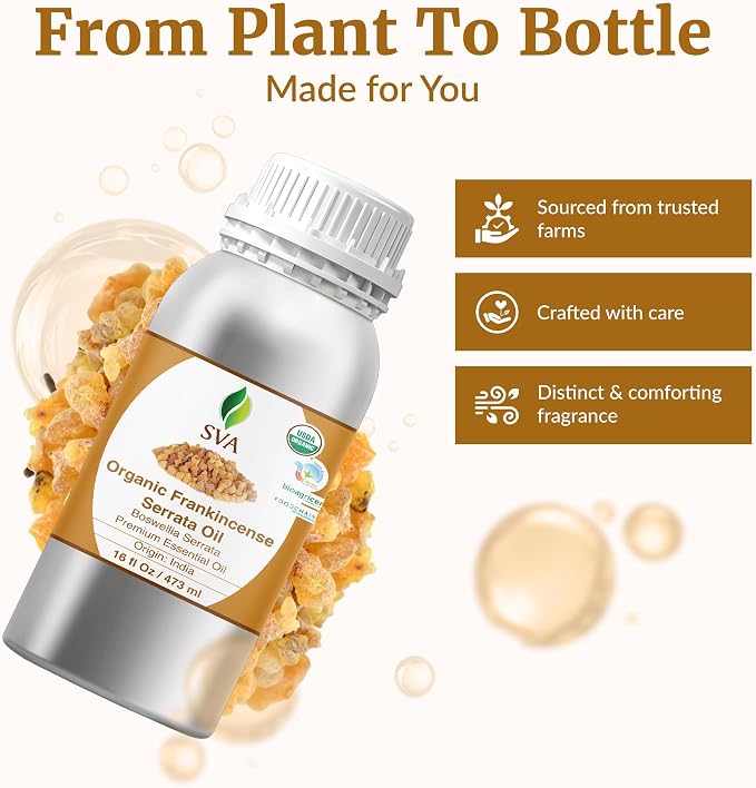 SVA Organic Frankincense Essential Oil – 16 Fl Oz – 100% Natural Boswellia Serrata Oil - for Diffuser, Hair Care, Face, Skin Care, Aromatherapy, Scalp and Body Massage, Soap and Candle Making
