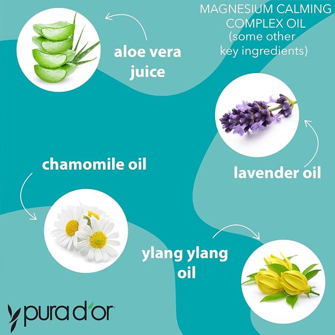 PURA D'OR Magnesium Calming Complex Oil Spray, 16 Oz, Topical Magnesium Chloride Mist with Aloe Vera, Lavender, Chamomile, Ylang Ylang, Lightweight Water-Based Body Care Formula, Vegan, Non-Greasy