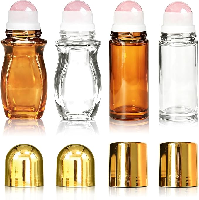 4 Pack Rose Quartz Roller Bottles for Essential Oils, 50ml Refillable Amber Glass Roll On Bottles with Natural Crystal Roller Balls, Leak-Proof Travel Perfume Bottle with Gold Caps