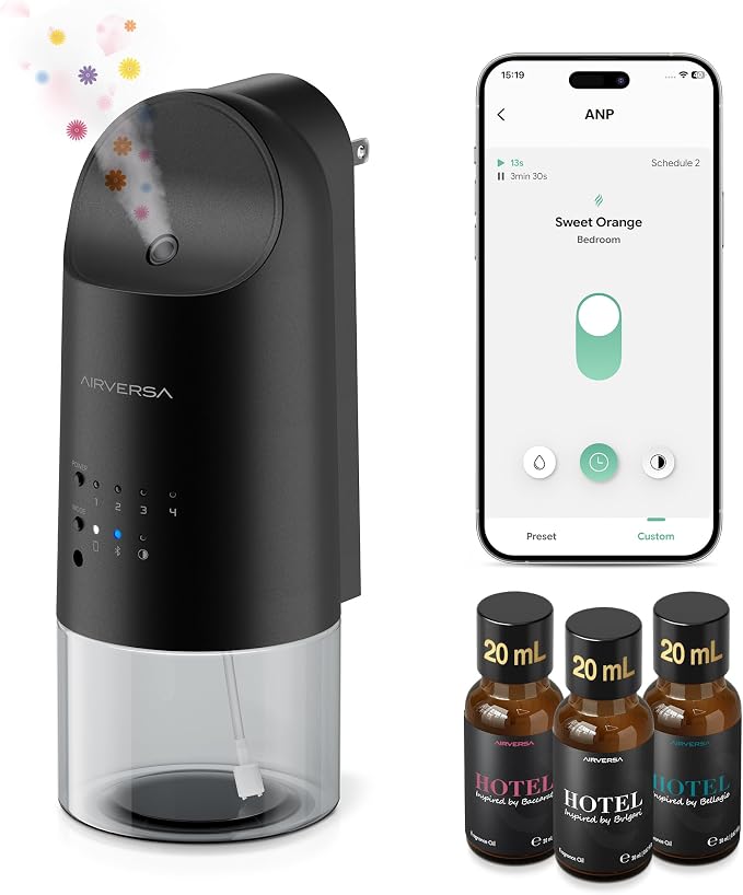 Airversa Smart Waterless Diffuser Plug in Wall for Essential Oils, 160mL, App Control Scent Diffuser with Buttons, Up to 800 sq ft, Oil Diffuser for Home, Room, Spa, Office, Studio, ANP Black Kit
