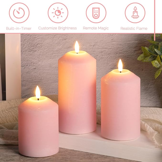 Pink Flameless Pillar Candles with Remote, Real Wax LED Candles Battery Powered Flickering Set of 3