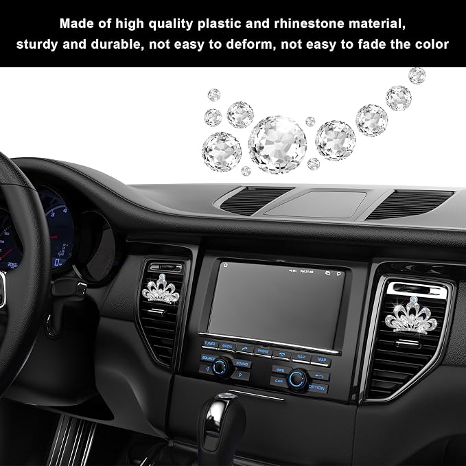 Augeny 2PCS Bling Car Air Vent Clips, Crystal Rhinestone Crown Air Freshener Outlet Diffuser Clip, Auto Air Conditioning Clip Charm for Women Girls, Interior Decor Car Accessories (White)