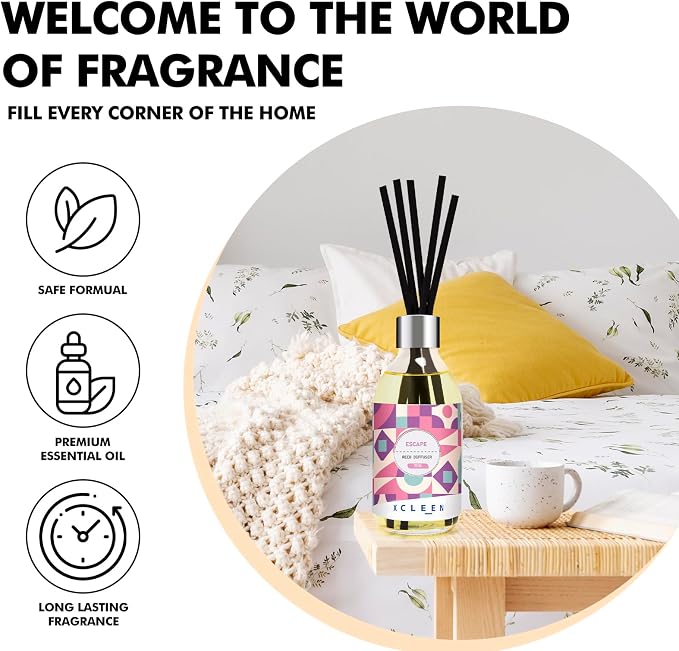 Xcleen Escape Reed Diffuser Set, 6.7 Oz Scent Diffuser with Sticks, Home Fragrance Reed Diffuser for Bathroom Office Decor, Air Freshener
