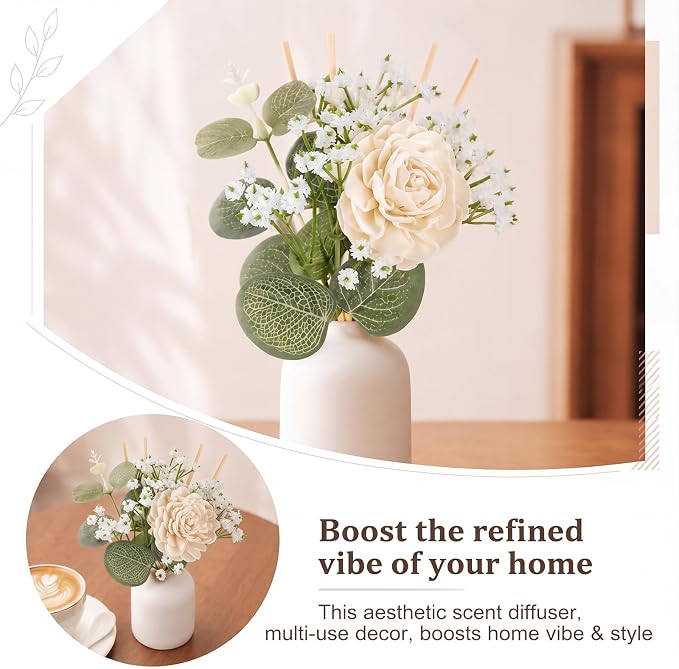 XunYee 33 Pcs Reed Diffuser Set Include Flowers and Sticks，Sola Flowers with Eucalyptus and Gypsophila Oil Diffuser Sticks Aromatherapy for Home Decor Bathroom Decor (Rose, Lotus, Chrysanthemum)