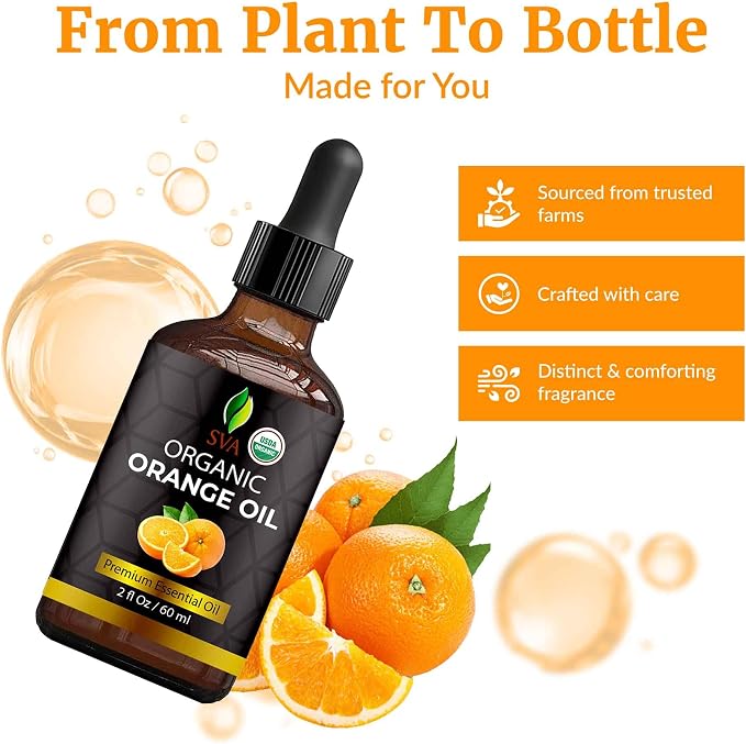 SVA Orange Essential Oil Organic – 2 Fl Oz – 100% Natural Organic Orange Oil - for Diffuser, Hair, Face, Skin Care, Aromatherapy, Scalp and Body Massage, Soap and Candle Making - with Dropper