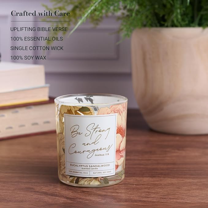 Christian Art Gifts Soy Wax Scented Candle: Joshua 1:9 Bible Verse, Eucalyptus Sandalwood Scent, Pure Essential Oils, 4.5 oz, Up to 20 Hours Burn Time, Glass Jar w/Bamboo Lid, Encouragement Gift