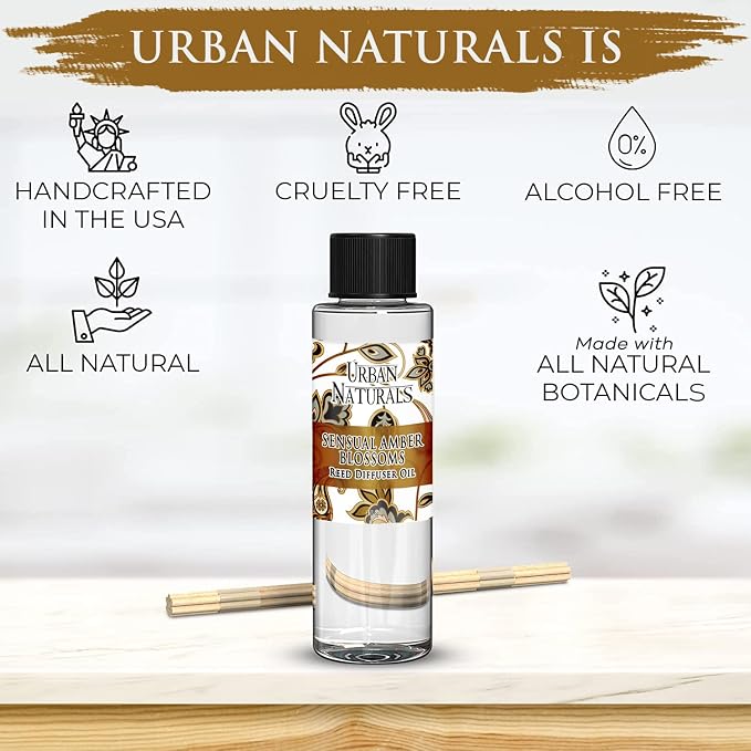 Urban Naturals Reed Diffuser Oil Refill, Sensual Amber Blossoms Fragrance Oil with Jasmine, Amber, Vanilla, 4 oz + Free Reed Sticks, Made in the USA