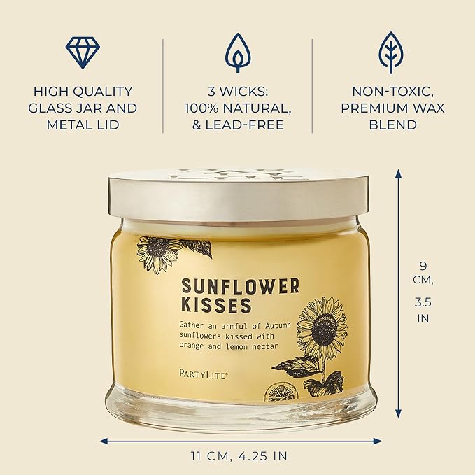 PartyLite 3-Wick Jar Candle, Highly Fragranced Clean Burning Glass Candle, 25-45 Hours Burn Time (Sunflower Kisses)