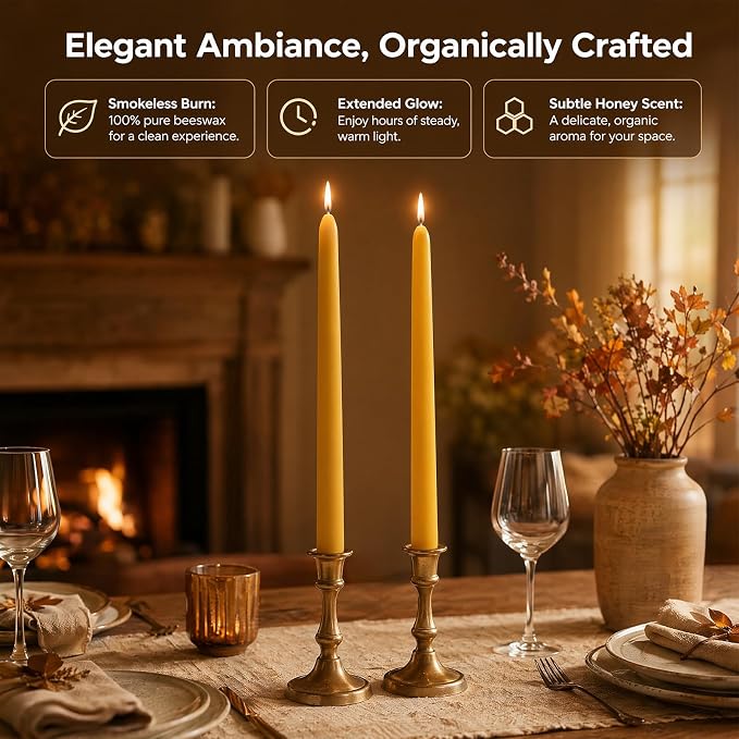 DEYBBY 12 inch Beeswax Taper Candles Gift Set of 12, Smokeless Dripless Pure Organic Beeswax Candles Bulk for Dinner Home Decor Emergency Housewarming Gift, 9-10 Hrs Burn Time