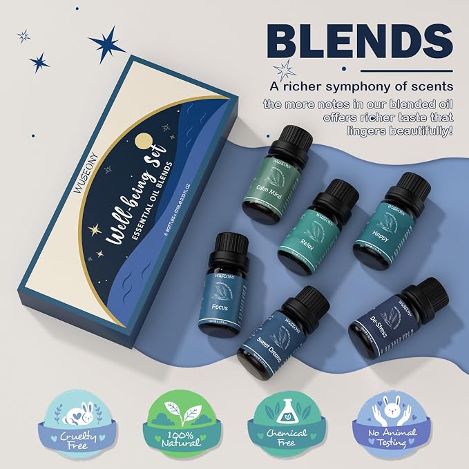WUSEONY Well-Being Essential Blends Oils Set, Aromatherapy Oils Gift Set for Diffusers Home, Fragrance Oil Scent for Candle Soap Making - Happy, Calm Mind, De-Stress, Relax, Focus, Sweet Dreams