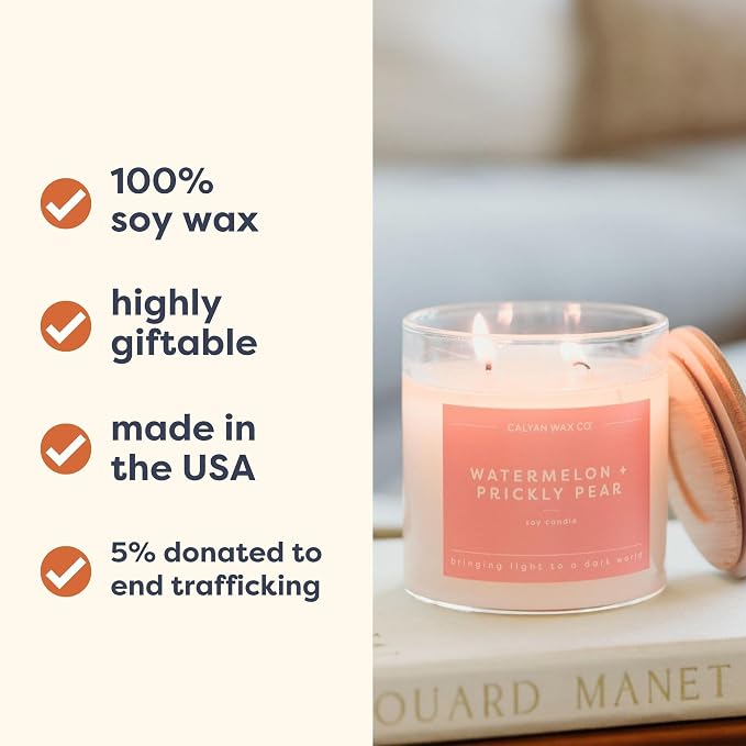 Calyan Wax Co. Watermelon & Prickly Pear 2 Wick Scented Candle - 37 Hour Burn - Luxury Clean Soy Wax Candles - Long Lasting Large Glass Jar Candle for Home - 8.8oz