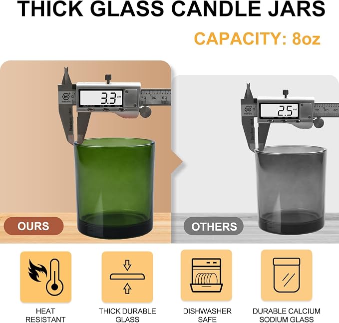 SHOWIN 8 OZ Thick Candle Jars for Making Candles 15 Pcs, Green Empty Jars with Wood Lids for Candle Making, Sample Container,Clear Green