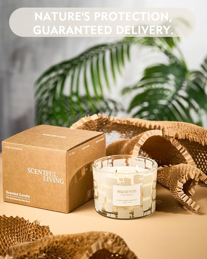 M&SENSE Linen Breeze, 3 Wick Scented Candle,11.6oz Natural Soy Wax Non Toxic for Home, Up to 60 Hours Burn time, Jar Candle Long Lasting,Fall Decorations for Home