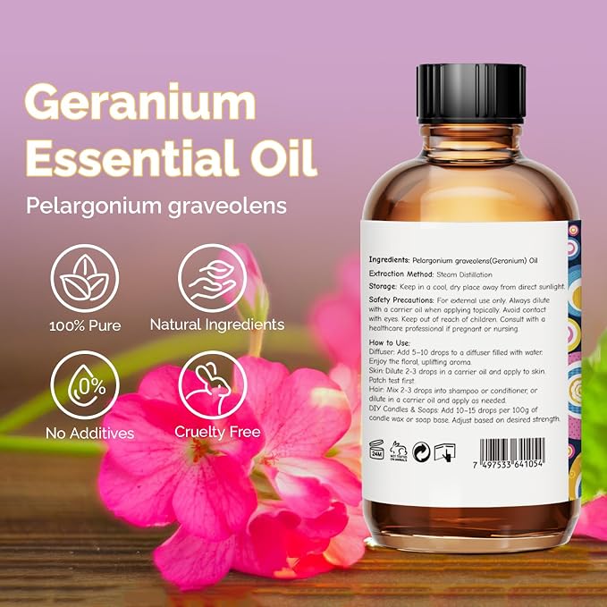 GM Gumili Geranium Essential Oil 4 Oz, 100% Pure Geranium Oil for Diffuser, Skin, Hair, Face, Soap & Candle Making, Aromatherapy & Massage
