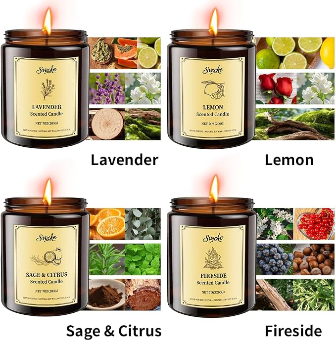 4 Pack 28oz Scented Candles, Soy Wax Jar Candles, Lemon, Lavender, Sage & Citrus, Fireside, Scented Candles for Home, Fall Candles for Women, Men, Candle Gift Set