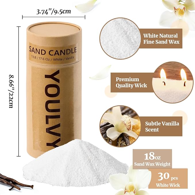Pearl Candle Sand with 30 Wicks 18Oz-Vanilla Scented Non Toxic Luxury Long Lasting Refillable Pearled Candle 120 Hours-Pearled Sand Powder Wax Candles Kit for Candle Making Wedding Party White