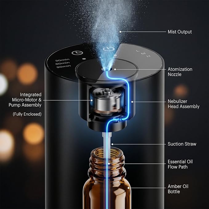 Homease Waterless Essential Oil Diffuser, Portable Cordless Aromatherapy with 3 Timers & Mist Levels, Rechargeable for Home Car Office, Premium Metal Black