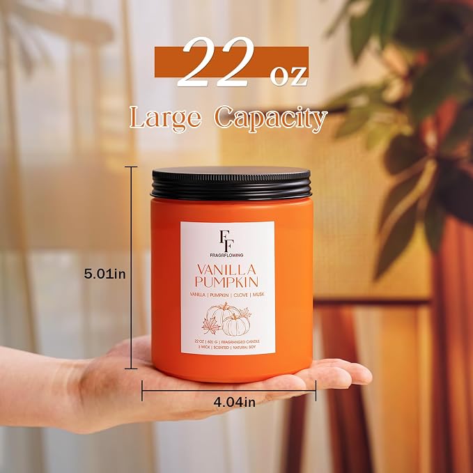 Large Fall Candle Vanilla Pumpkin Scented, 3-Wick 22oz Long Lasting | Soy Wax, Aromatherapy Candle for Home, Fall Gifts for Women Men