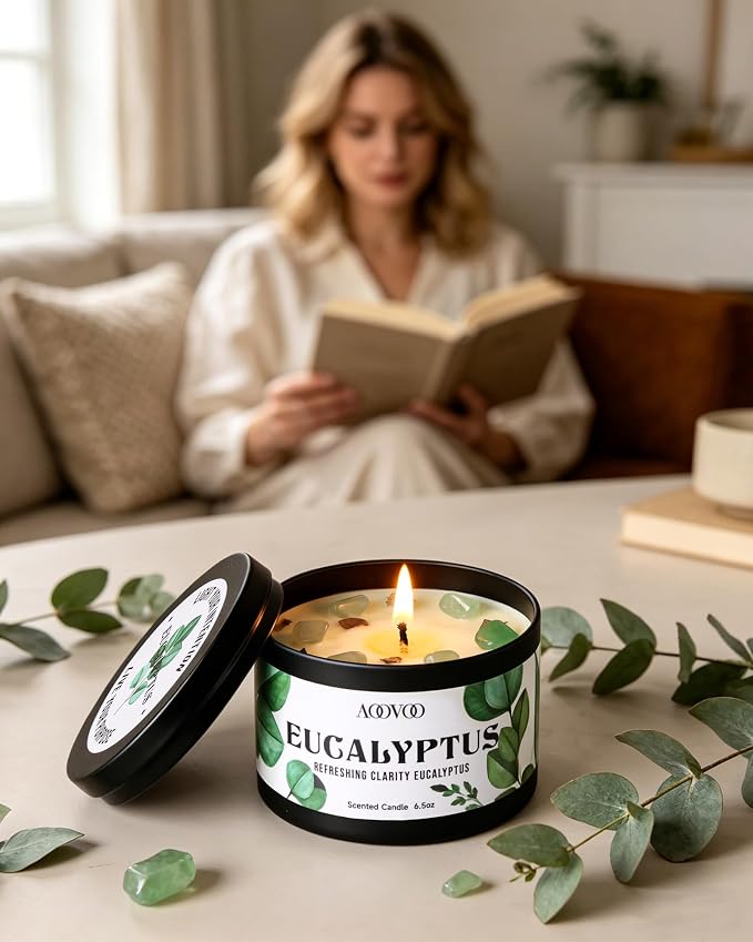 AOOVOO 2 Pack Eucalyptus Mint Candles – Aromatherapy Candle with Crystals & Eucalyptus Leaves, 13oz 100 Hours Long Lasting, Non Toxic Soy Candle for Home Spa Relaxation Meditation Yoga